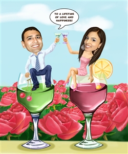 Wedding Couple Cheer with Wine Caricature from Photos