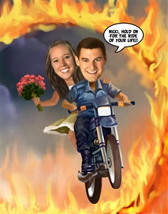 Couple Caricature Riding Motorcycle Through Ring of Fire Together from Photos