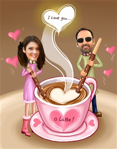 I Love You a Latte Couple Caricature from Photos