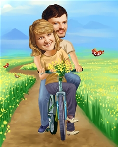 Couple Caricature from Photo - Riding Thru the Fields Together