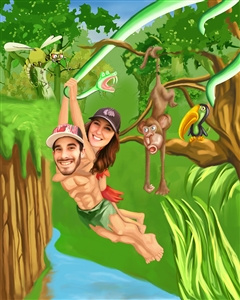 Tarzan and Jane Jungle Couple Adventure Caricature from Photos