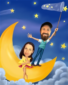 Couple on the Moon with Stars Caricature from Photos