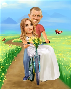 Couple Caricature from Photo - Riding Thru the Fields Together