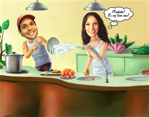 Kitchen Fun Couple Caricature from Photos