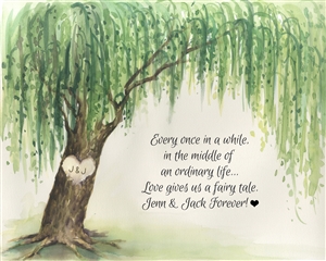 Custom Watercolor Print of Weeping Willow with Your Text for Wedding and Anniversary