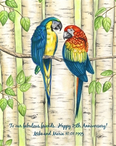 Affectionate Parrots - Watercolor Print with Custom Text