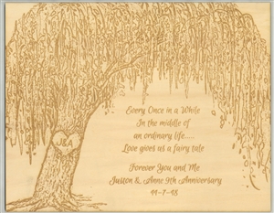 Framed Wood Engraved Willow Tree with Custom Text for Anniversary or Wedding