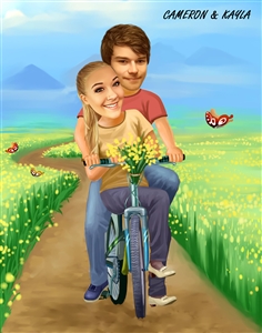 Couple Caricature from Photo - Riding Thru the Fields Together