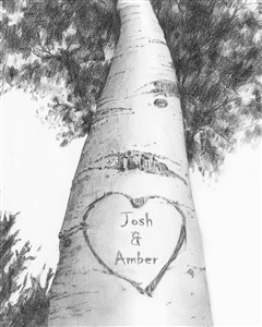 Love Birch Tree Pencil Drawing Print with Custom Text for Wedding and Anniversary