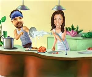 Kitchen Fun Couple Caricature from Photos