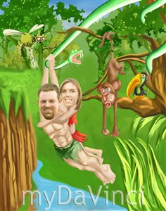 Tarzan and Jane Jungle Couple Adventure Caricature from Photos