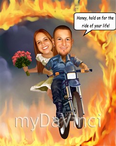 Couple Caricature Riding Motorcycle Through Ring of Fire Together from Photos