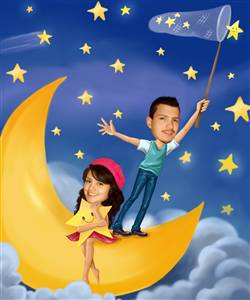 Couple on the Moon with Stars Caricature from Photos