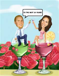 Wedding Couple Cheer with Wine Caricature from Photos