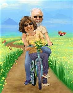 Couple Caricature from Photo - Riding Thru the Fields Together