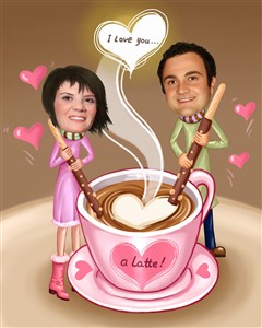 I Love You a Latte Couple Caricature from Photos