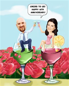 Wedding Couple Cheer with Wine Caricature from Photos