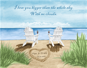 Ocean Leisure Chairs - Watercolor Print with Custom Text for Anniversary