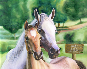 Two Horses Together Watercolor Print with Custom Text