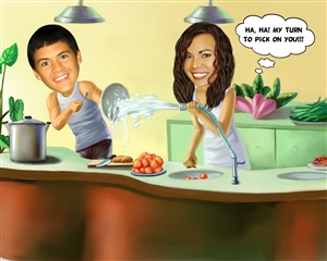 Kitchen Fun Couple Caricature from Photos