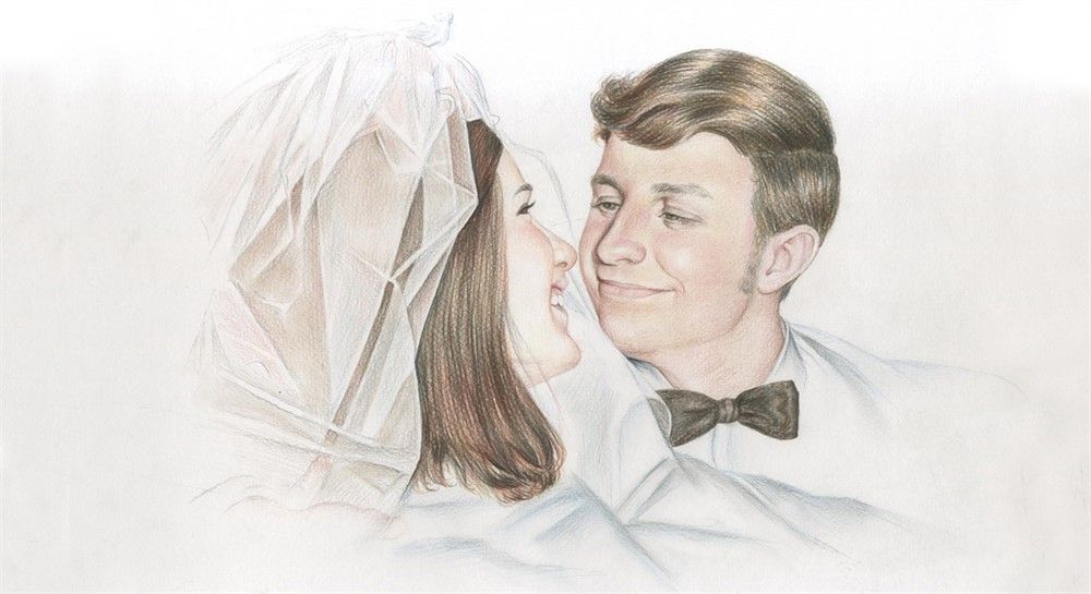 Color pencil portrait of a bride and groom