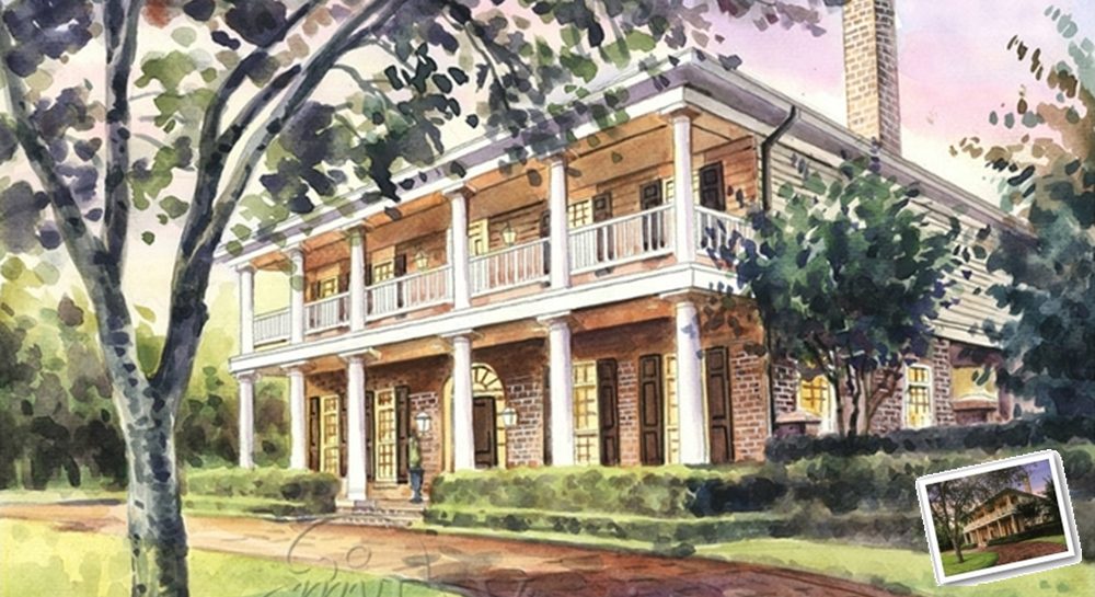 Hand painted portrait of a house next to the customer's photo