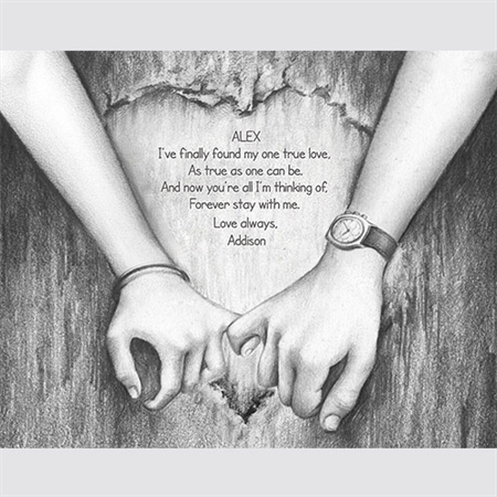 Pencil Drawing Print of Holding Hands with Custom Names and Text for Anniversary,by myDaVinci - myDaVinci