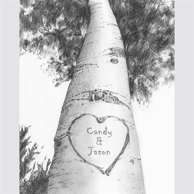 Love Birch Tree Pencil Drawing Print with Custom Text for Wedding and Anniversary,by myDaVinci - myDaVinci
