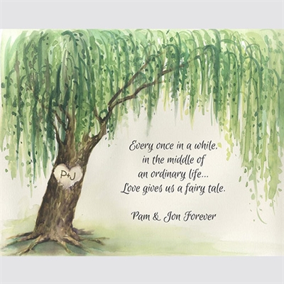 Watercolor Print of Weeping Willow with Custom Text for Wedding and Anniversary,by myDaVinci - myDaVinci
