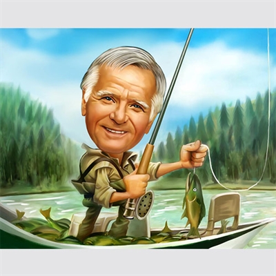 Go Fishing Caricature with A Guy Holding A Big Fish in A Boat,Fishing Caricature,by myDaVinci - myDaVinci