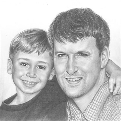 Hand Drawn Pencil Portrait of A Happy Dad and His Little Sone Together,by myDaVinci - myDaVinci