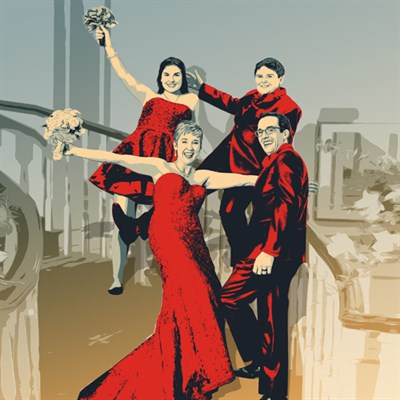 Propaganda Pop Art Wedding Portrait from photo, with 4 people on stairs - myDaVinci