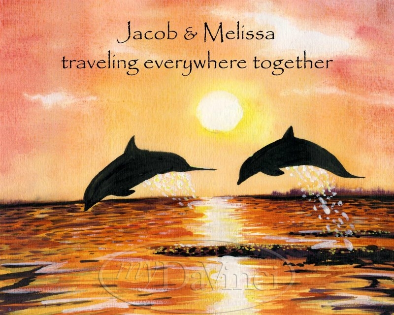 Playful Dolphin Couple - Watercolor Print with Custom Text for Anniversary