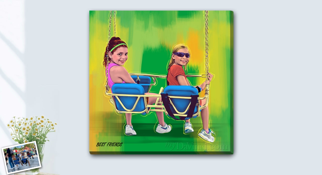 Pop Art 1 Panel of Two Young Girls Playing in Play Yard,in Soft Lens Style,by myDaVinci | myDaVinci