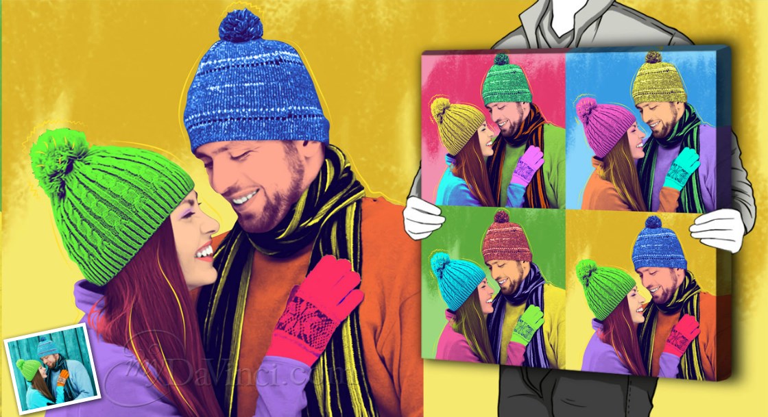 Pop Art 4 Panels of A Happy Couple with Winter Outfit and Hats from Their Photos | myDaVinci