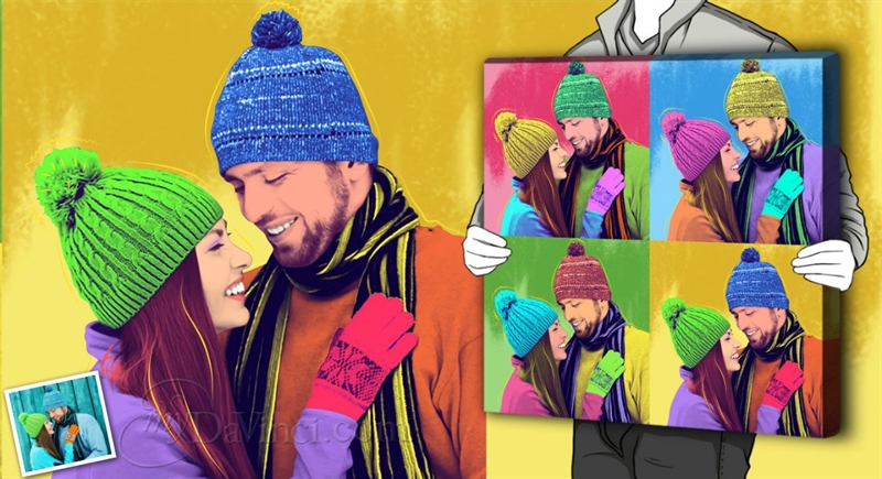 Pop Art 4 Panels of A Happy Couple with Winter Outfit and Hats from Their Photos | myDaVinci