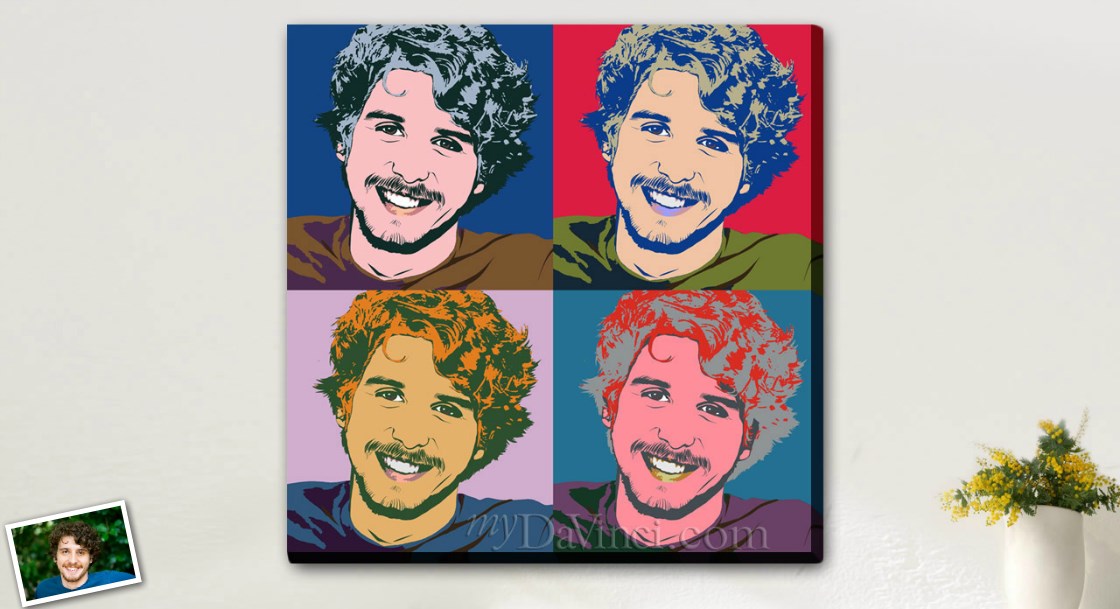 Pop Art 4 Panels of A Man in 20s-30s with Curly Hair Smiling | myDaVinci