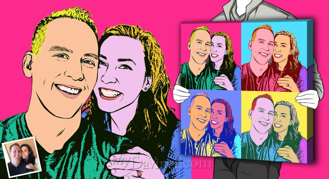 Pop Art 4 Panels Portrait of A Happy Couple in Warhol Style,by myDaVinci | myDaVinci