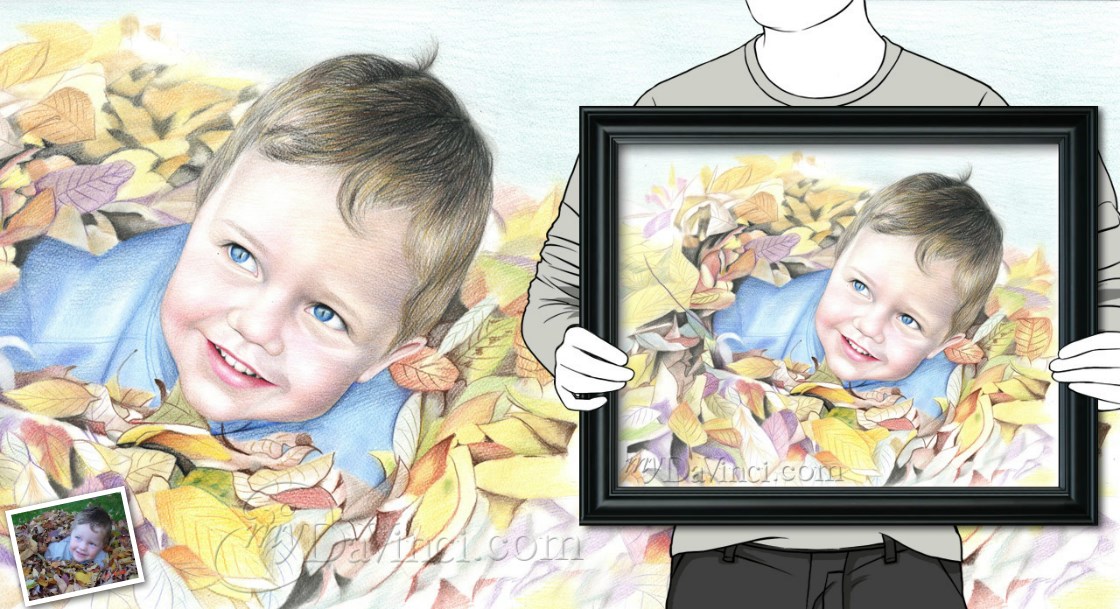 Hand Drawn Color Pencil Sketch Of A Happy Little Boy Lying Down on Leaves Outdoor | myDaVinci