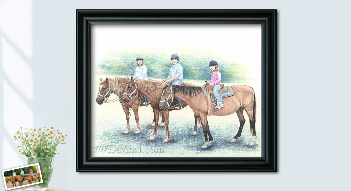 hand-drawn color pencil portrait for family of three riding horses together,by myDaVinci | myDaVinci