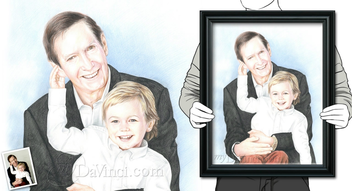 Hand Drawn Color Pencil Portrait of A Grandpa holding His Little Grandson,by myDaVinci | myDaVinci
