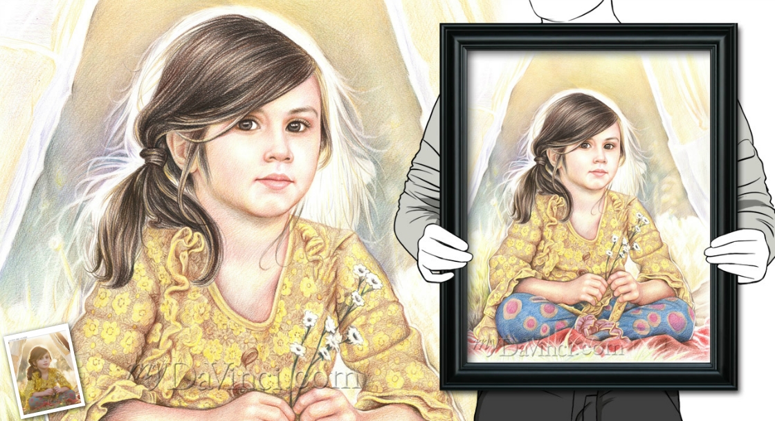 Hand Drawn Colored Pencil Portrait of A Pretty Little Girl with Black Hair,by myDaVinci | myDaVinci