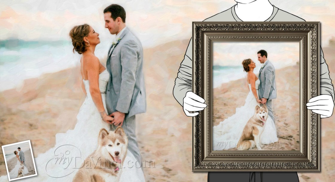 Oil Painting Giclee Of A Wedding Couple With A Dog By Sea from a Wedding Photo | myDaVinci