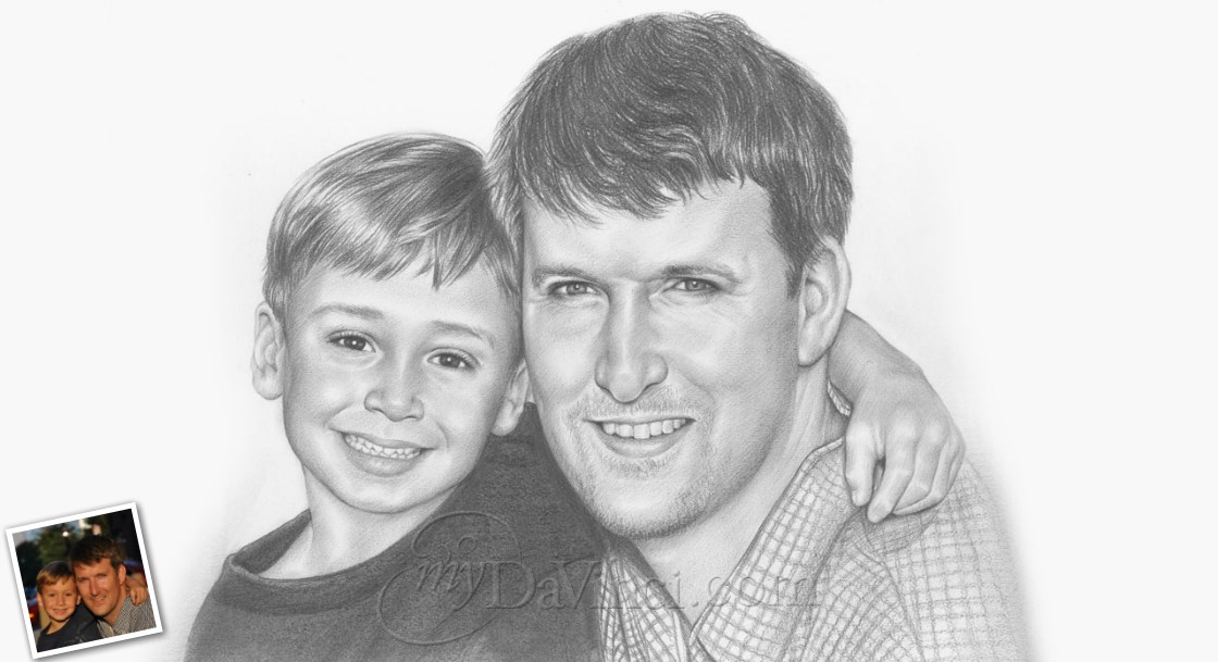 Hand Drawn Pencil Portrait of A Happy Dad and His Little Sone Together,by myDaVinci | myDaVinci