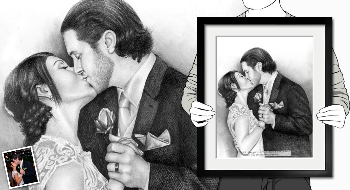 Hand Drawn Pencil Portrait of A Wedding Couple Kissing,by myDaVinci | myDaVinci