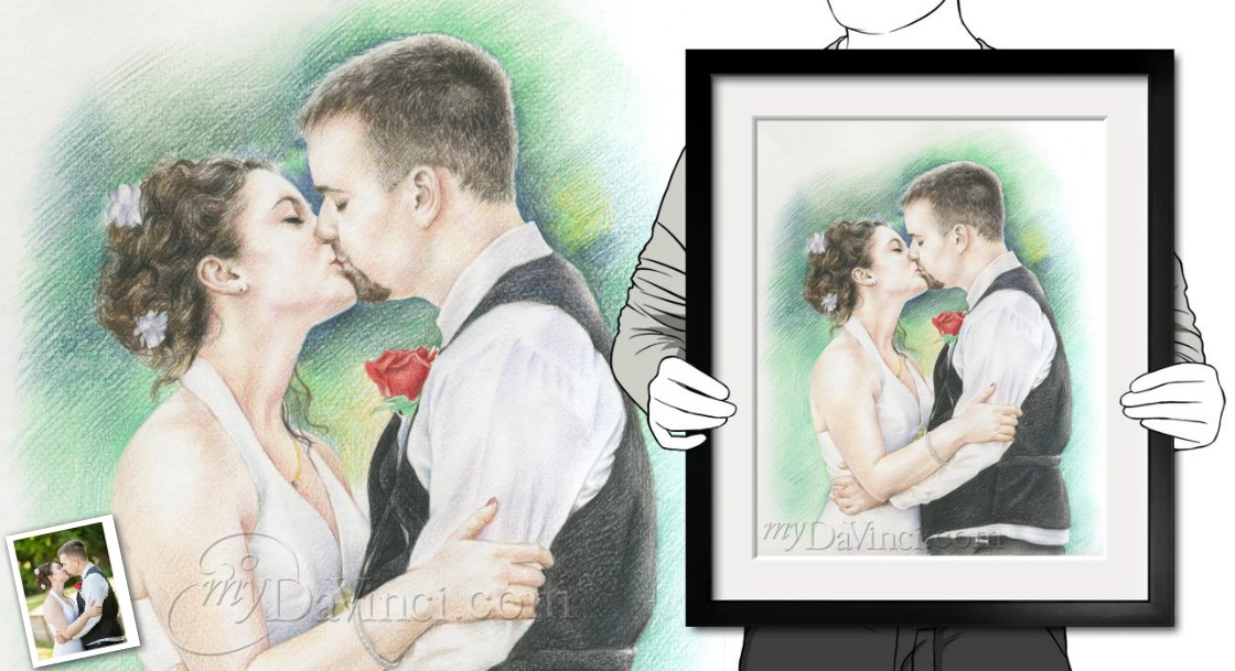 Hand Drawn Color Pencil Portrait of A Young Wedding Couple Kissing,by myDaVinci | myDaVinci