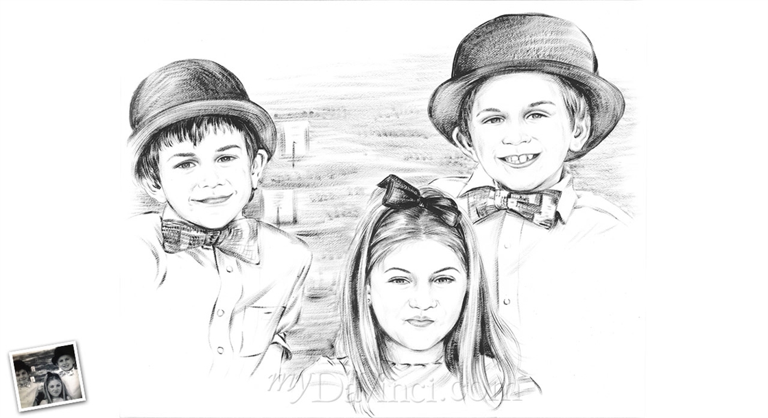 Hand Painted Ink Rendering Family Portrait of 3 Children from Photos | myDaVinci