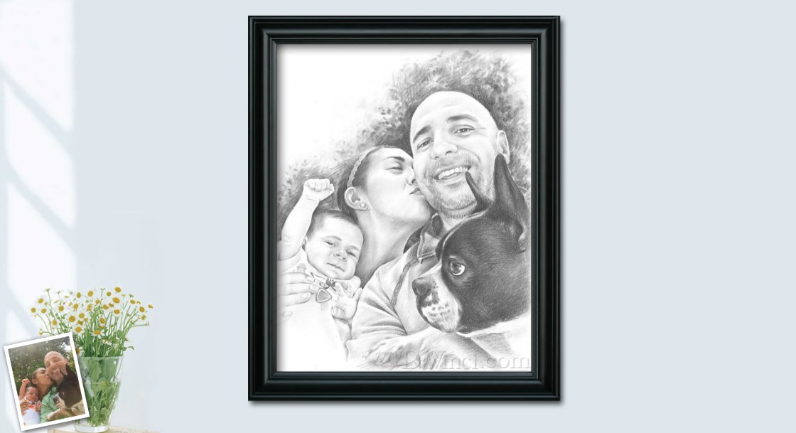 Hand Drawn Pencil Sketch Portrait of A Family with A Dog | myDaVinci