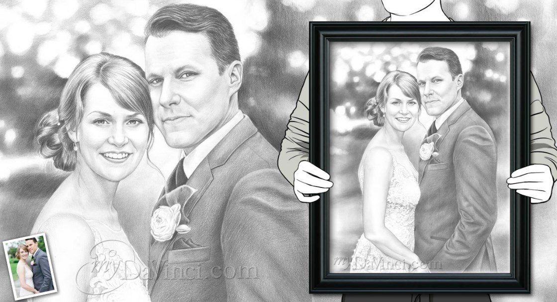 Hand Drawn Pencil Sketch Portrait of A Beautiful Wedding Couple from Photos | myDaVinci