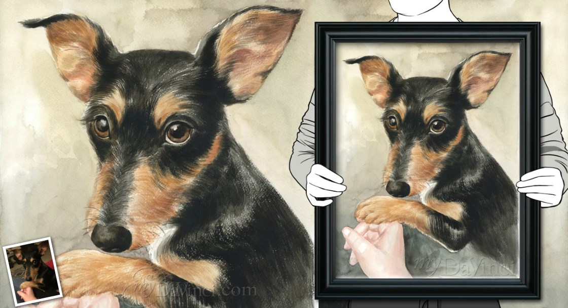 Hand Painted Watercolor of A Black Dog Holding A Girl's Hand,by myDaVinci | myDaVinci